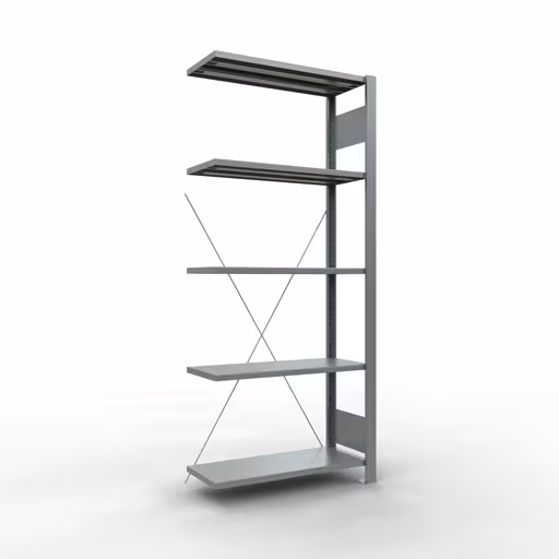 Aanbouwstelling, kantoorstelling, insteeksysteem MULTIplus85, 1800 x 750 x 300 mm (HxBxD), 5 legborden, kruisschoor, verzinkt, zonder aanslaglijst, insteeksysteem, art.nr. 17721