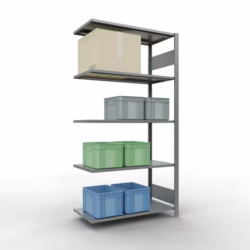 Figuur nr. 9 van het artikel aanbouwrekken, legbordstellingen, insteeksysteem MULTIplus85, 2000 x 1000 x 500 mm, 5 legborden, verzinkt uit de insteeksysteem productgroep van Schulte Lagertechnik.