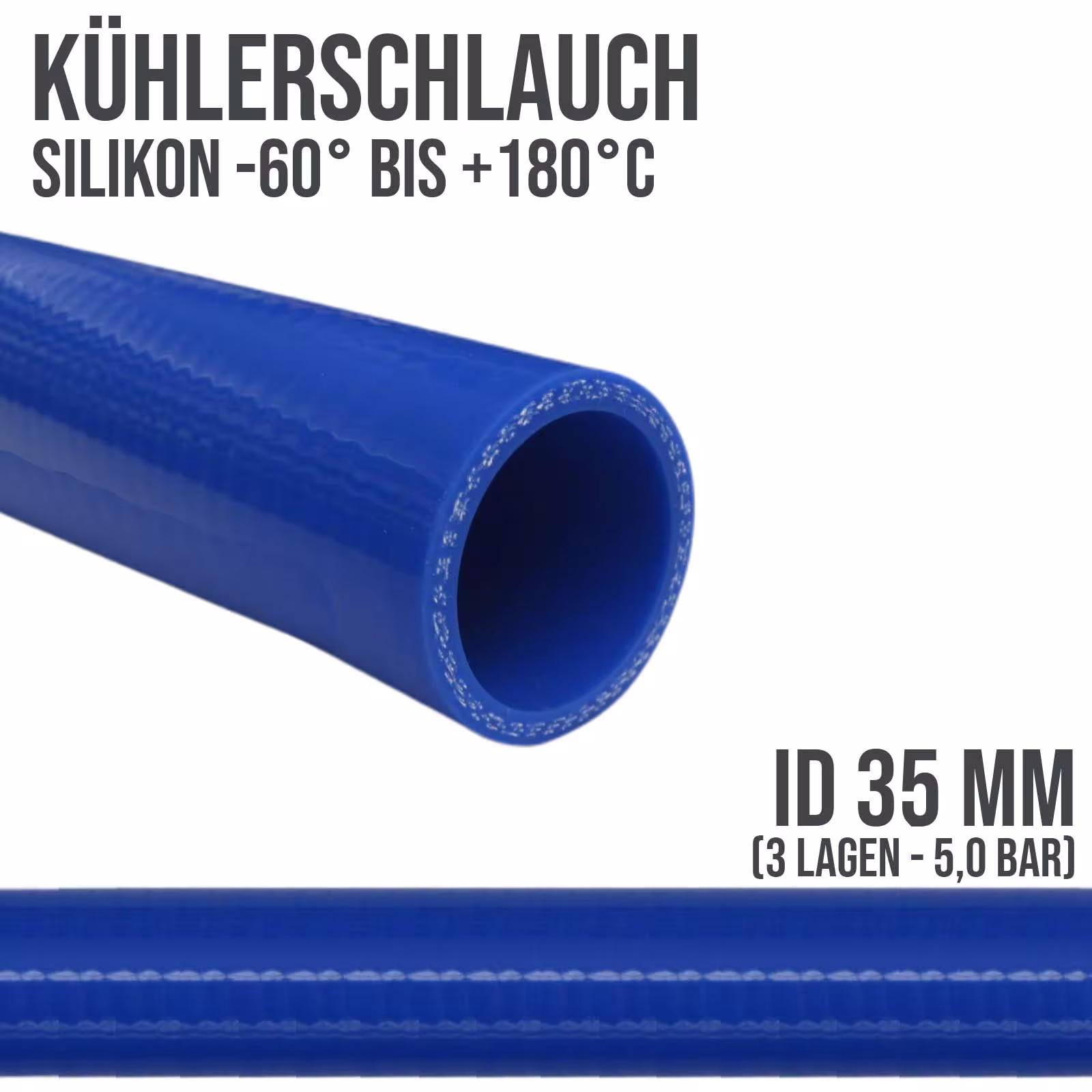 35 x 43 mm radiateur siliconen LLK laadlucht koelvloeistofslang blauw PN 5,0 bar - vaste lengte 1 m uit de categorie koelvloeistofslangen met artikelnummer KSS035-1000GA