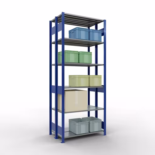 Basisplank, dubbele plank, legplank-insteeksysteem MULTIplus150, 2500 x 1000 x (2x300) mm (HxBxD), 2x6 legborden, lengtestangen, RAL 5010 gentiaanblauw met artikelnr. 33131-B Basisplank, dubbele plank, rekkensysteem MULTIplus150, 2500 x 1000 x (2x300) mm, 2x6 planken, lengtestangen, RAL 5010 gentiaanblauw van Schulte Lagertechnik uit de categorie rekken