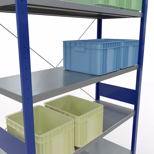 Productafbeelding nr. 15 van het artikel basisplank, legbord, insteeksysteem MULTIplus250, 3000x1300x500 mm (HxBxD), 7 legborden, kruisschoor, RAL 5010 gentiaanblauw/verzinkt Figuur nr. 15 van het artikel basisrek, legbord, insteeksysteem MULTIplus250, 3000 x 1300 x 500 mm, 7 legborden, kruisschoor, RAL 5010 gentiaanblauw/verzinkt uit de insteeksysteem productgroep van Schulte Lagertechnik.