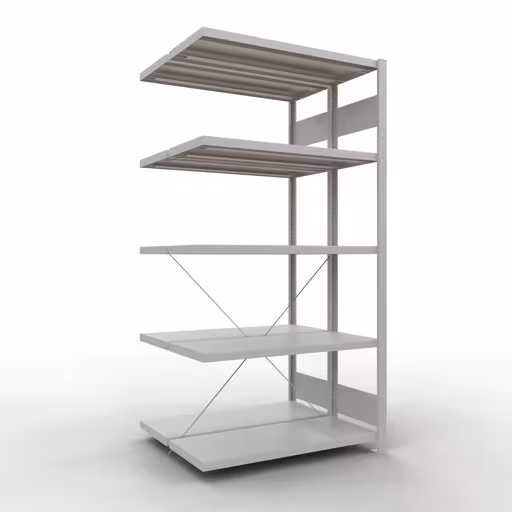 Aanbouwrekken, dubbele rekken, rekkensysteem MULTIplus250, 2000 x 1000 x (2x400) mm (HxBxD), 2x5 planken, kruisschoor, RAL 7035 lichtgrijs van Schulte Lagertechnik Aanbouwplank, dubbele plank, stellingsysteem MULTIplus250, 2000 x 1000 x (2x400) mm (HxBxD), 2x5 legborden, kruisschoor, RAL 7035 lichtgrijs, dubbele legborden, art.nr. 32145-A