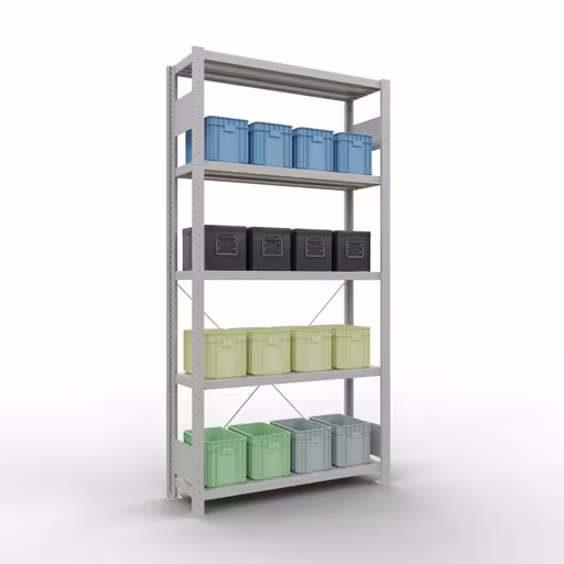 Basisplank, legplank, insteeksysteem MULTIplus330, 2000 x 1000 x 300 mm, 5 legborden, kruisschoor, RAL 7035 lichtgrijs uit de categorie basisplanken met de GTIN 4004514204240 Basisplank, legbord, insteeksysteem MULTIplus330, 2000 x 1000 x 300 mm, 5 planken, kruisschoor, RAL 7035 lichtgrijs van Schulte Lagertechnik uit het assortiment insteeksysteem