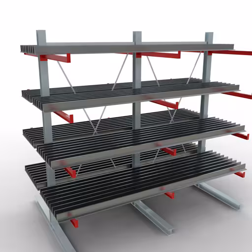 Productafbeelding nr. 10 van artikel K 6000 compleet legbord, dubbelzijdig, 3000 x 3000 x 2x 1000 mm, RAL 7001 / RAL 3000, 5 opslagniveaus Afbeelding nr. 10 van artikel K 6000 complete stelling, dubbelzijdig, 3000 x 3000 x 2x 1000 mm, RAL 7001 / RAL 3000, 5 opslagniveaus uit de productgroep draagarmstellingen van Schulte Lagertechnik