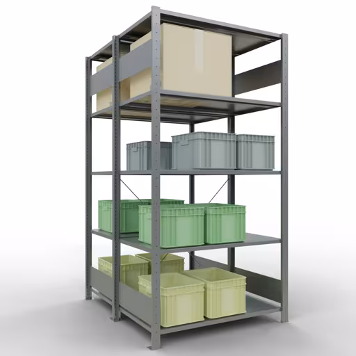 Figuur nr. 12 van het artikel basisrek, dubbel legbord, legbordinsteeksysteem MULTIplus150, 2000 x 1000 x (2x600) mm, 2x5 legborden, verzinkt uit de productgroep legbordstellingen van Schulte Lagertechnik.