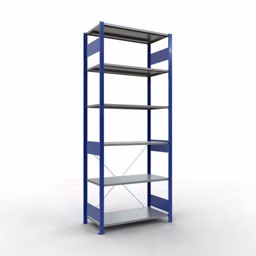 Basisplank, legplank, insteeksysteem MULTIplus150, 2500 x 1000 x 500 mm (HxBxD), 6 legborden, kruisschoor, RAL 5010/verzinkt, basisplank, art.nr. 12651-B