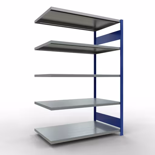 Aanbouwrekken, rekken, insteeksysteem MULTIplus250, 2000 x 1300 x 800 mm (HxBxD), 5 planken, lengtestangen, RAL 5010 gentiaanblauw/gegalvaniseerd van Schulte Lagertechnik Aanbouwrekken, rekken, insteeksysteem MULTIplus250, 2000 x 1300 x 800 mm (HxBxD), 5 legborden, lengtestangen, RAL 5010 gentiaanblauw/verzinkt, aanbouwplank, art.nr. 12985-130-LR-B