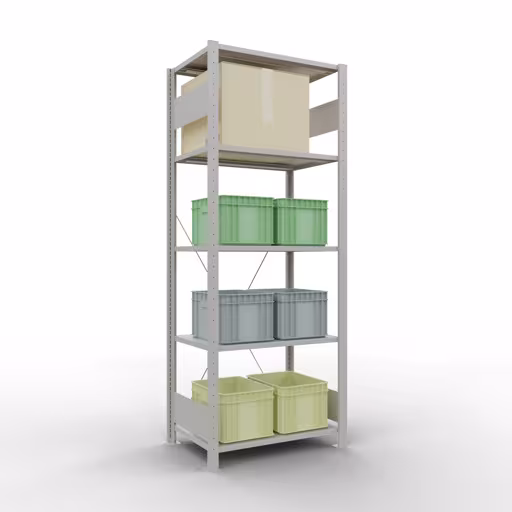 Basisplank, legplank, insteeksysteem MULTIplus150, 2000 x 750 x 500 mm (HxBxD), 5 legborden, kruisschoor, RAL 7035 lichtgrijs met de GTIN 4004514205391 Basisplank, plankplank, insteeksysteem MULTIplus150, 2000 x 750 x 500 mm, 5 planken, RAL 7035 lichtgrijs van Schulte Lagertechnik met het artikelnr. 32650-75