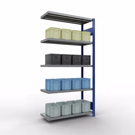 Productafbeelding nr. 13 van het artikel Aanbouwrekken, legbordstellingen, insteeksysteem MULTIplus330, 2000 x 1000 x 400 mm (HxBxD), 5 legborden, lengtestangen, RAL 5010 gentiaanblauw/verzinkt Afbeelding nr. 13 van het artikel aanbouwrekken, legbordstellingen, insteeksysteem MULTIplus330, 2000 x 1000 x 400 mm, 5 legborden, lengtestangen, RAL 5010 gentiaanblauw/verzinkt uit de productgroep insteeksysteem van Schulte Lagertechnik.