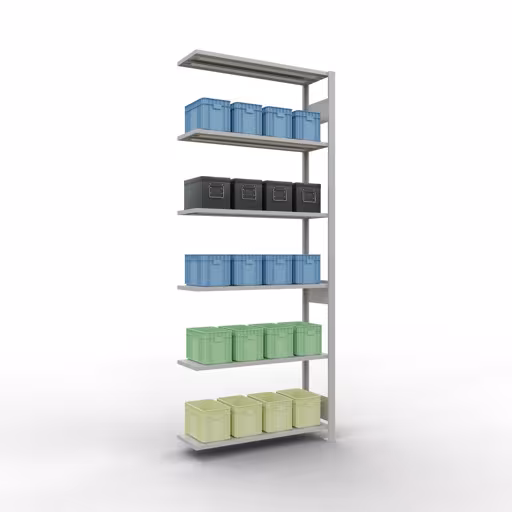 Aanbouwrekken, rekken, insteeksysteem MULTIplus150, 2500 x 1000 x 300 mm (HxBxD), 6 planken, lengtestangen, RAL 7035 lichtgrijs met artikelnr. 32636-LR Aanbouwrekken, rekken, insteeksysteem MULTIplus150, 2500 x 1000 x 300 mm, 6 planken, RAL 7035 lichtgrijs van Schulte Lagertechnik uit de categorie insteeksystemen