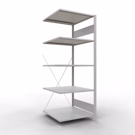 Aanbouwrekken, legborden, insteeksysteem MULTIplus150, 2000 x 750 x 800 mm (HxBxD), 5 legborden, kruisschoor, RAL 7035 lichtgrijs, aanbouwplank, art.nr. 32685-75