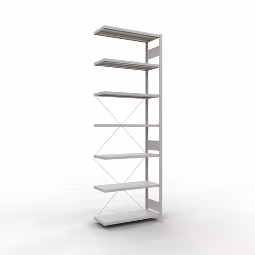 Aanbouwrekken, rekken, insteeksysteem MULTIplus330, 3000 x 1000 x 400 mm (HxBxD), 7 legborden, kruisschoor, RAL 7035 lichtgrijs, aanbouwplank, art.nr. 33847