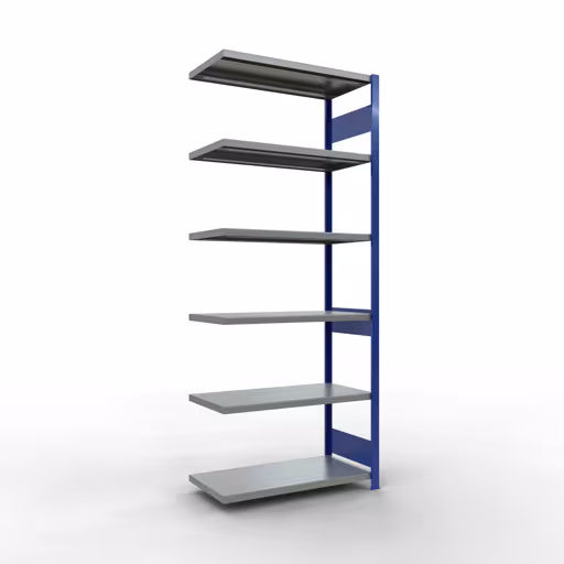 Aanbouwstelling, stellingkast MULTIplus330 insteeksysteem, 2500 x 1000 x 500 mm (HxBxD), 6 legborden, lengtebalk, RAL 5010 gentiaanblauw/verzinkt, aanbouwplank, art.nr. 13956-LR-B