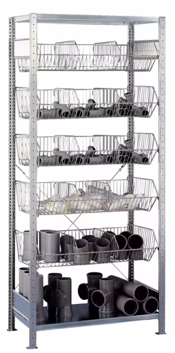 Basisplank, draadmandplank MULTIplus150, 2300 x 1000 x 500 mm (HxBxD), verzinkt, 2 legborden, 5 stuks draadmanden, opbergruimte voor kleine onderdelen, art.nr. 13674