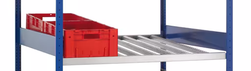 Extra niveau voor magazijnstelling, 1300 x 1300, met rollijsten voor containers en dozen, verzinkt van Schulte Lagertechnik Extra niveau voor magazijnstellingen, 1300 x 1300, met rollijsten voor containers en dozen, verzinkt, schuine vloerplanken, art.nr. 38872