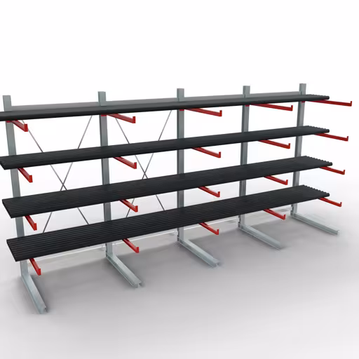Figuur nr. 7 van artikel K 6000 complete stelling, enkelzijdig, 3000 x 6000 x 1250 mm, RAL 7001 / RAL 3000, 5 opslagniveaus uit de productgroep draagarmstellingen van het merk Schulte Lagertechnik.