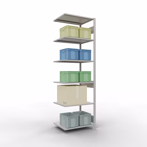 Aanbouwrekken, legbordstellingen, insteeksysteem MULTIplus150, 2500 x 750 x 600 mm, 6 legborden, lengtestangen, RAL 7035 lichtgrijs van Schulte Lagertechnik met artikelnr. 32666-75-LR
