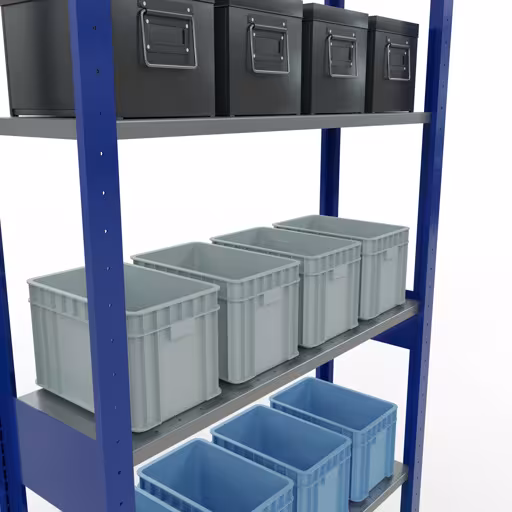 Basisplank, legplank, insteeksysteem MULTIplus150, 2500 x 1000 x 300 mm (HxBxD), 6 legborden, lengtestangen, RAL 5010 gentiaanblauw/verzinkt uit de categorie basisplanken met de GTIN 4004514279569 Basisplank, legbord, insteeksysteem MULTIplus150, 2500 x 1000 x 300 mm, 6 legborden, lengtestangen, RAL 5010 gentiaanblauw/verzinkt van Schulte Lagertechnik uit het assortiment insteeksysteem