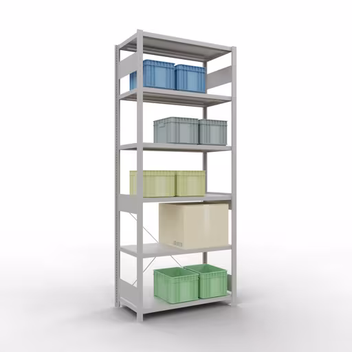 Basisstelling, legbordstelling, insteeksysteem MULTIplus250, 2500 x 1000 x 500 mm (HxBxD), 6 legborden, kruisschoor, RAL 7035 lichtgrijs met de GTIN 4004514204028 Basisplank, plankplank, insteeksysteem MULTIplus250, 2500 x 1000 x 500 mm, 6 planken, kruisschoor, RAL 7035 lichtgrijs van Schulte Lagertechnik met het artikelnr. 32851