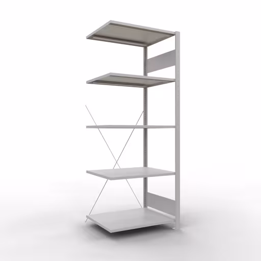 Aanbouwrekken, legborden, insteeksysteem MULTIplus150, 2000 x 750 x 600 mm (HxBxD), 5 legborden, kruisschoor, RAL 7035 lichtgrijs, aanbouwplank, art.nr. 32665-75