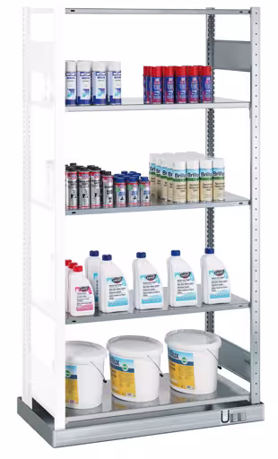 Aanbouwrek, klein containersrek MULTIplus150, 2000 x 1000 x 500 mm (HxBxD), verzinkt, met opvangbak (inhoud: 33 liter) en 5 legborden van Schulte Lagertechnik Aanbouwplank, klein containerrek MULTIplus150, 2000 x 1000 x 500 mm (HxBxD), verzinkt, met opvangbak (volume: 33 liter) en 5 planken, milieuplanken, art.nr. 14945