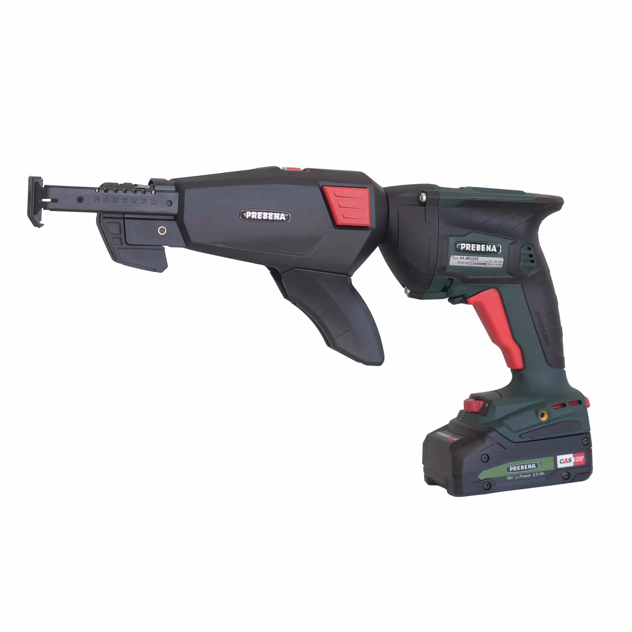 Magazijnbandschroevendraaier voor schroeven van 25-55 mm inclusief accu + laadstation 6A-MGS55-SET2 uit de categorie schroeven, nieten, nieten met GTIN 4016429073484 Magazijnbandschroevendraaier voor schroeven van 25-55 mm inclusief accu + laadstation 6A-MGS55-SET2 van het merk Prebena uit het assortiment accu & elektrische machines