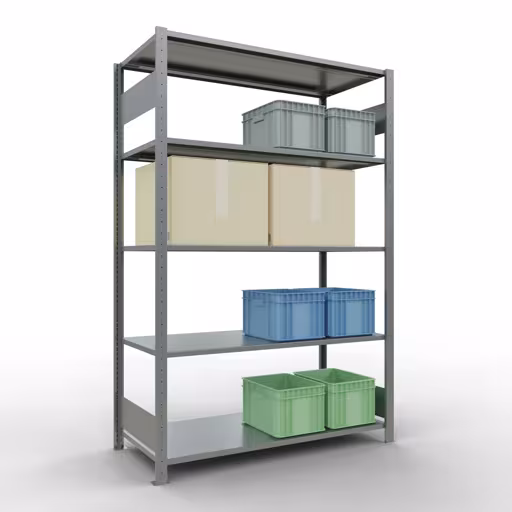 Extra afbeelding van het artikel Basisplank, legbord, insteeksysteem MULTIplus150, 2000 x 1300 x 600 mm (HxBxD), 5 legborden, lengtestangen, verzinkt Extra afbeelding van het artikel Basisplank, legplank, insteeksysteem MULTIplus150, 2000 x 1300 x 600 mm, 5 legborden, lengtestangen, verzinkt vanaf basisplank