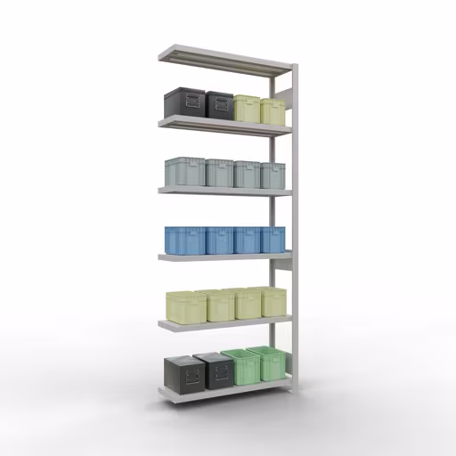 Aanbouwrekken, legbordstellingen, insteeksysteem MULTIplus330, 2500 x 1000 x 300 mm, 6 legborden, lengtestangen, RAL 7035 lichtgrijs van Schulte Lagertechnik met artikelnr. 33836-LR