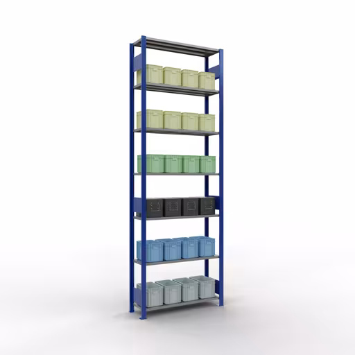 Productafbeelding nr. 12 van het artikel basisplank, legbord, insteeksysteem MULTIplus85, 3000 x 1000 x 300 mm (HxBxD), 7 legborden, lengtestangen, RAL 5010 gentiaanblauw Figuur nr. 12 van het artikel basisrek, legplank-insteeksysteem MULTIplus85, 3000 x 1000 x 300 mm, 7 legborden, RAL 5010 gentiaanblauw uit de productgroep insteeksysteem van het merk Schulte Lagertechnik.