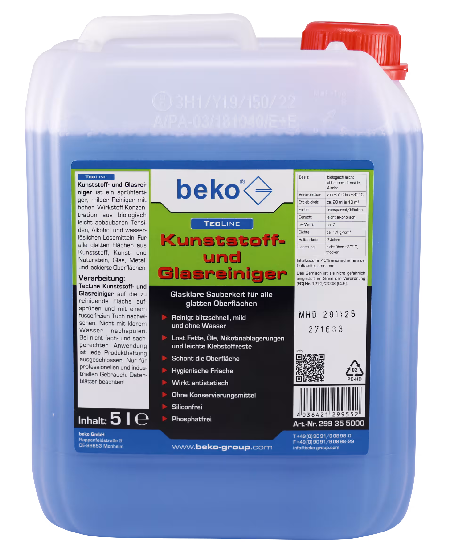TecLine kunststof- en glasreiniger 5 l jerrycan van Beko TecLine kunststof- en glasreiniger Jerrycan van 5 l uit de categorie universele reiniger met art.nr. 299 35 5000