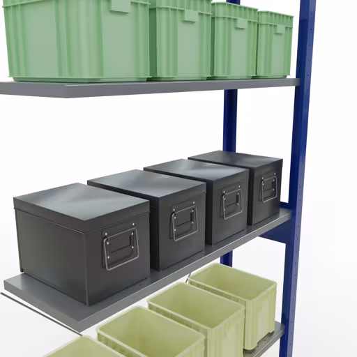 Andere weergave van het artikel Aanbouwrekken, legborden, insteeksysteem MULTIplus150, 2500 x 1000 x 300 mm (HxBxD), 6 legborden, kruisschoor, RAL 5010/verzinkt Andere weergave van het artikel Aanbouwplank, legbord-insteeksysteem MULTIplus150, 2500 x 1000 x 300 mm, 6 legborden, RAL 5010/verzinkt uit de categorie insteeksysteem