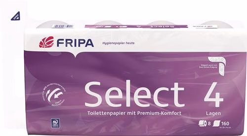 Fripa Select 4-laags toiletpapier, helderwit cellulose, 6 x 8 rollen, uit de categorie toiletpapier met artikelnummer 9000469183