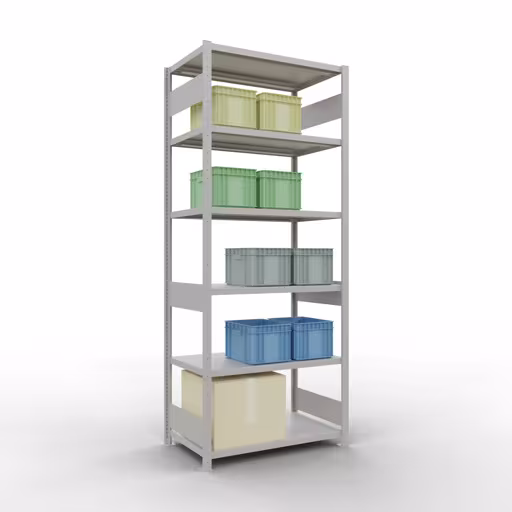 Productafbeelding nr. 12 van het artikel basisplank, legbord, insteeksysteem MULTIplus330, 2500 x 1000 x 600 mm (HxBxD), 6 legborden, lengtestangen, RAL 7035 lichtgrijs Figuur nr. 12 van het artikel basisplank, legbord, insteeksysteem MULTIplus330, 2500 x 1000 x 600 mm, 6 legborden, lengtestangen, RAL 7035 lichtgrijs uit de productgroep insteeksysteem van Schulte Lagertechnik.