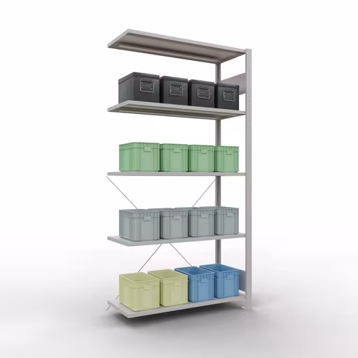 Productafbeelding nr. 14 van het artikel Aanbouwrekken, legbordstellingen, insteeksysteem MULTIplus150, 2000 x 1000 x 400 mm (HxBxD), 5 legborden, kruisschoor, RAL 7035 lichtgrijs Figuur nr. 14 van het artikel aanbouwrekken, legbordstellingen, insteeksysteem MULTIplus150, 2000 x 1000 x 400 mm, 5 legborden, kruisschoor, RAL 7035 lichtgrijs uit de insteeksysteem productgroep van Schulte Lagertechnik.