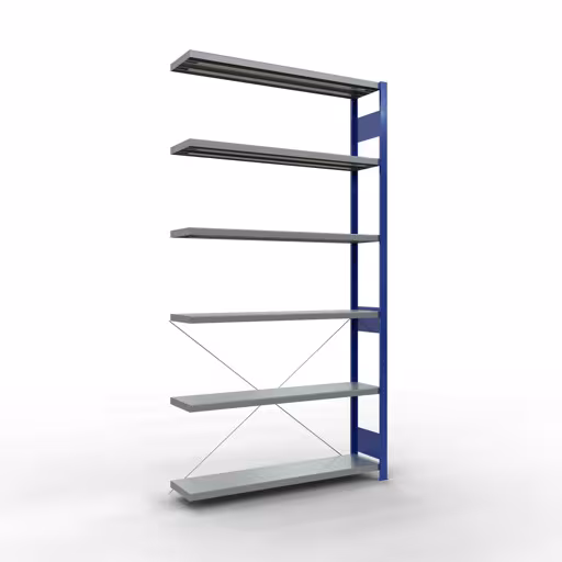 Aanbouwrekken, stellingkast MULTIplus250 insteeksysteem, 2500 x 1300 x 300 mm (HxBxD), 6 legborden, kruisschoor, RAL 5010 gentiaanblauw/gegalvaniseerd van Schulte Lagertechnik Aanbouwrekken, rekken, insteeksysteem MULTIplus250, 2500 x 1300 x 300 mm (HxBxD), 6 legborden, kruisschoor, RAL 5010 gentiaanblauw/verzinkt, aanbouwplank, art.nr. 12936-130-B