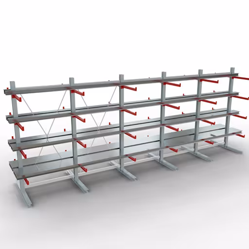 K 6000 compleet legbord, dubbelzijdig, 3000 x 2x 7500 x 2x 750 mm, RAL 7001 / RAL 3000, 5 opslagniveaus uit de categorie K6000 voor zware goederen met GTIN 4058255011360 K 6000 compleet legbord, dubbelzijdig, 3000 x 2x 7500 x 2x 750 mm, RAL 7001 / RAL 3000, 5 opslagniveaus van Schulte Lagertechnik uit het assortiment draagarmstellingen