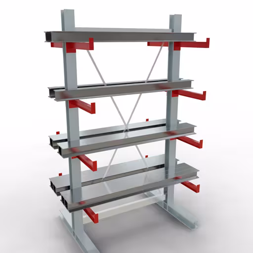 Productafbeelding nr. 11 van artikel K 3000 complete plank, dubbelzijdig, 2500 x 1300 x 500 mm, RAL 7001 / RAL 3000, 5 opslagniveaus Afbeelding nr. 11 van het artikel K 3000 complete stelling, dubbelzijdig, 2500 x 1300 x 500 mm, RAL 7001 / RAL 3000, 5 opslagniveaus uit de productgroep draagarmstellingen van Schulte Lagertechnik