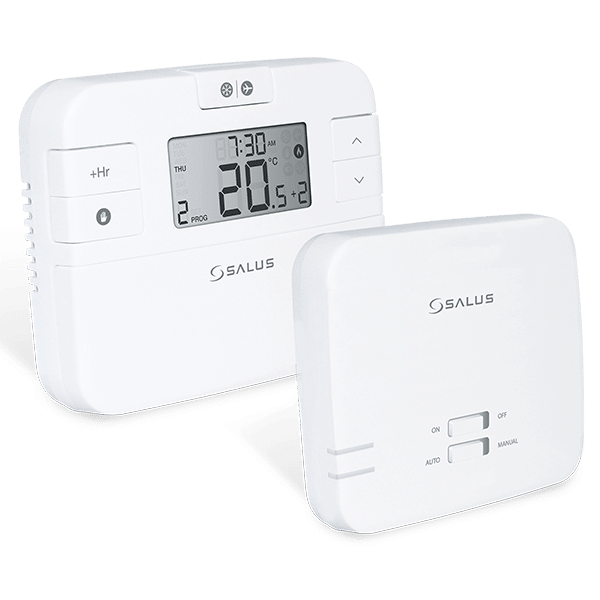 Set met digitale draadloze opbouwthermostaat en opbouwrelais van GeMeTherm Digitale draadloze kamerthermostaat met opbouw-/inbouw-/stootvaste steekrelais uit de categorie Kamerthermostaat met het artikelnummer TS-S-RE10R