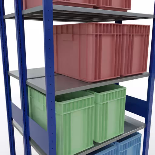 Andere weergave van het artikel Basisplank, dubbele plank, rekkensysteem MULTIplus150, 3000 x 1000 x (2x400) mm, 2x7 planken, lengtestangen, RAL 5010 gentiaanblauw uit de categorie rekken