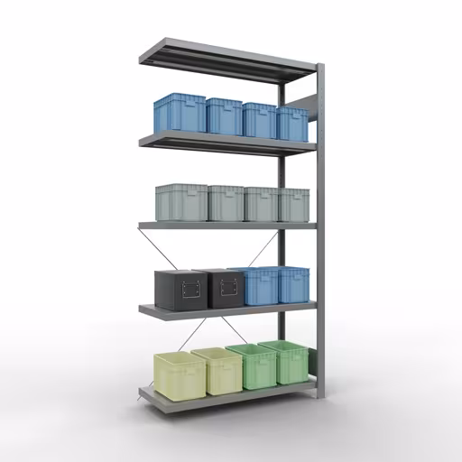 Aanbouwrekken, rekken, insteeksysteem MULTIplus330, 2000 x 1000 x 400 mm (HxBxD), 5 legborden, kruisschoor, verzinkt van Schulte Lagertechnik met artikelnr. 13945