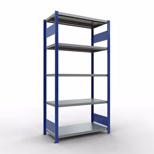 Basisplank, legbord, insteeksysteem MULTIplus250, 2000 x 1000 x 500 mm (HxBxD), 5 legborden, lengtestangen, RAL 5010 gentiaanblauw/verzinkt, basisplank, art.nr. 12950-LR-B