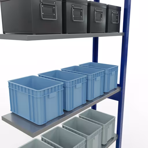 Aanbouwrek, stelling MULTIplus150 insteeksysteem, 2500 x 1000 x 300 mm (HxBxD), 6 legborden, lengtestangen, RAL 5010 gentiaanblauw/verzinkt met de GTIN 4004514279811 Aanbouwrekken, legbordstellingen, insteeksysteem MULTIplus150, 2500 x 1000 x 300 mm, 6 legborden, lengtestangen, RAL 5010 gentiaanblauw/verzinkt van Schulte Lagertechnik met artikelnr. 12736-LR-B