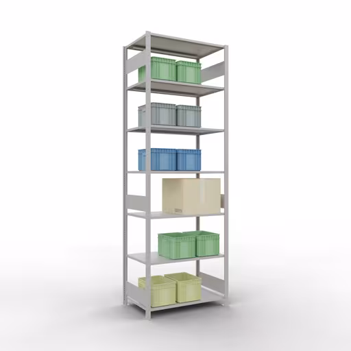 Basisplank, legplank, insteeksysteem MULTIplus150, 3000 x 1000 x 600 mm (HxBxD), 7 legborden, lengtestangen, RAL 7035 lichtgrijs uit de categorie basisplanken met de GTIN 4004514293282 Basisplank, legbord, insteeksysteem MULTIplus150, 3000 x 1000 x 600 mm, 7 legborden, RAL 7035 lichtgrijs van het merk Schulte Lagertechnik uit het assortiment insteeksysteem