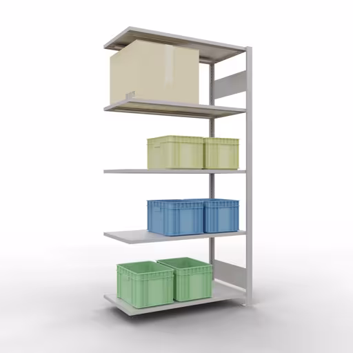 Aanbouwrekken, rekken, insteeksysteem MULTIplus150, 2000 x 1000 x 500 mm (HxBxD), 5 legborden, lengtestangen, RAL 7035 lichtgrijs uit de categorie aanbouwrekken met GTIN 4004514293107 Aanbouwrek, stelling, insteeksysteem MULTIplus150, 2000 x 1000 x 500 mm, 5 legborden, RAL 7035 lichtgrijs van het merk Schulte Lagertechnik uit het assortiment insteeksysteem