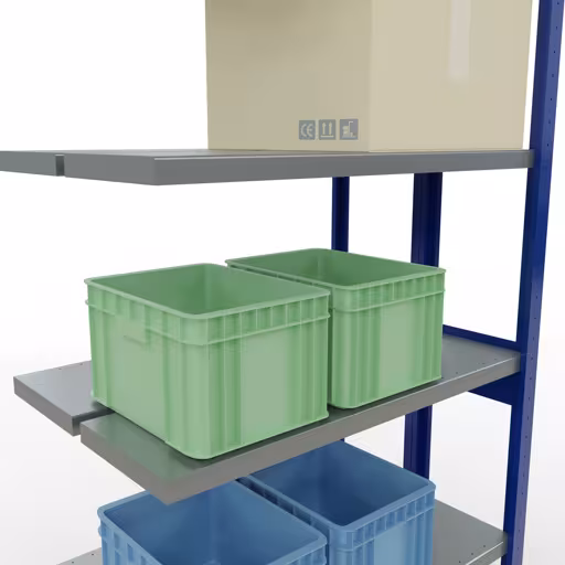 Aanbouwrekken, dubbele rekken, stellingsysteem MULTIplus250, 2500 x 1000 x (2x300) mm (HxBxD), 2x6 planken, lengtestangen, RAL 5010 gentiaanblauw met de GTIN 4004514296238 Aanbouwrekken, dubbele rekken, stellingsysteem MULTIplus250, 2500 x 1000 x (2x300) mm, 2x6 planken, lengtestangen, RAL 5010 gentiaanblauw van Schulte Lagertechnik met het artikelnr. 33236-B