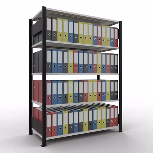 Productafbeelding nr. 14 van het artikel basisplank, kantoorplank, insteeksysteem MULTIplus150, 1800 x 1300 x 600 mm, 5 planken, lengtestangen, met middenaanslag, zwart/lichtgrijs Afbeelding nr. 14 van het artikel, kantoorreksysteem MULTIplus150, 1800 x 1300 x 600 mm, 5 planken, met middenaanslag, zwart/lichtgrijs uit de productgroep kantoorrekken van Schulte Lagertechnik