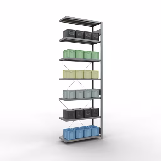 Productafbeelding nr. 12 van het artikel Aanbouwstelling, stellingsysteem MULTIplus330, 3000x1000x400 mm (HxBxD), 7 legborden, kruisschoor, verzinkt Figuur nr. 12 van het artikel aanbouwrekken, legbordstellingen, insteeksysteem MULTIplus330, 3000 x 1000 x 400 mm, 7 legborden, kruisschoor, verzinkt uit de productgroep insteeksysteem van Schulte Lagertechnik.