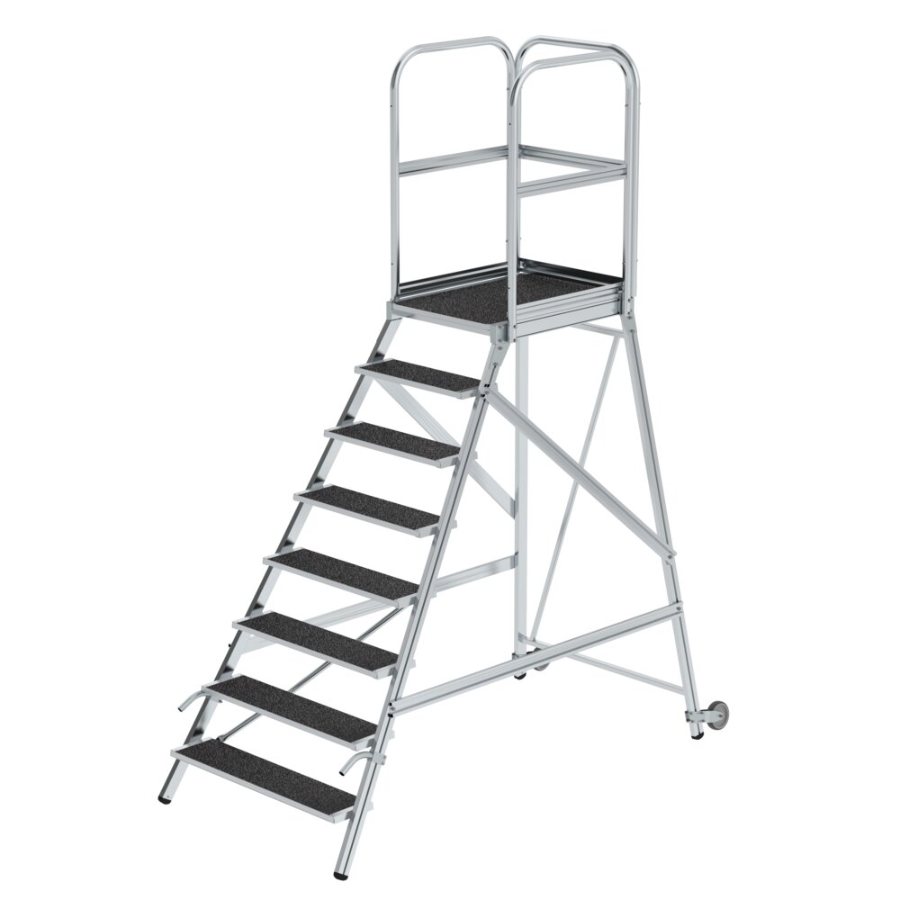 Munk platformtrap, toegankelijk vanaf één zijde, met wielen en handgrepen, korundcoating, R13, 8 treden, van Günzburger Steigtechnik Munk platformtrap, toegankelijk vanaf één zijde, met wielen en handgrepen, korundcoating R13, uit de categorie "Platformtrappen" met artikelnummer 055108