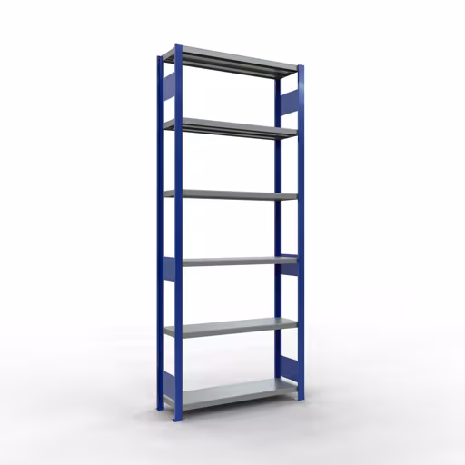 Basisplank, legplank, insteeksysteem MULTIplus250, 2500 x 1000 x 300 mm (HxBxD), 6 legborden, lengtestang, RAL 5010 gentiaanblauw/verzinkt, basisplank, art.nr. 12931-LR-B