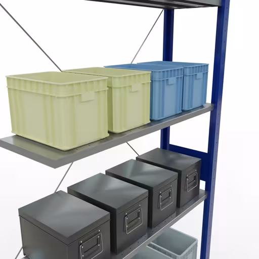 Productafbeelding nr. 13 van het artikel Aanbouwrekken, legbordstellingen, insteeksysteem MULTIplus85, 3000 x 1000 x 300 mm (HxBxD), 7 legborden, kruisschoor, RAL 5010 gentiaanblauw Figuur nr. 13 van het artikel aanbouwrekken, legbordstellingen, insteeksysteem MULTIplus85, 3000 x 1000 x 300 mm, 7 legborden, RAL 5010 gentiaanblauw uit de productgroep insteeksysteem van het merk Schulte Lagertechnik.